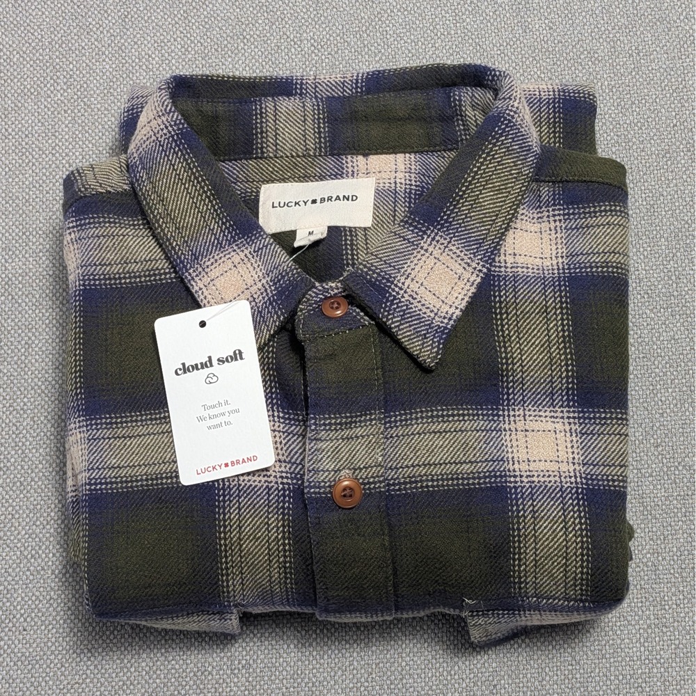Lucky Brand Men's M Cloud Soft Flannel Plaid Button Shirt Green Blue Beige NWT